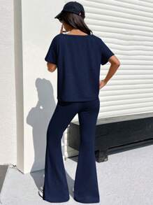 Muchica Solid Off Shoulder Top And Bell Bottom Pants Set - Navy Blue - View 2