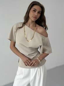 New Apricot Versatile Minimalist Commuter Asymmetrical Batwing Sleeve Ruffle Waist Fitted Pullover Top - Apricot - View 3