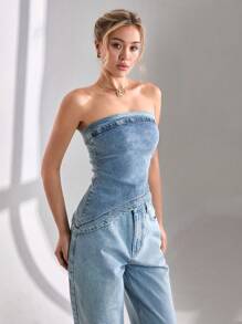 CLARA VERO Women Elegant Asymmetrical Hem Tube Denim Top - Medium Wash - View 3