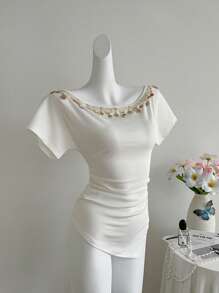 Rafferiza Fashion Casual Vacation Bohemian Shell Sequin Tassel Pleated Fitted Asymmetric Hem Off-Shoulder Short Sleeve T-Shirt