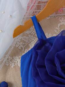 SHEIN Baby Girls Elegant & Sheer Floral Decor Cami Sun Dress With Gathers And Elastic Waist, Lightweight & Soft Fabric, Spring Dress Suitable For Parties And Outings - Blue - View 4