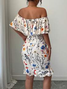 Selianne Đầm bodycon trễ vai bèo nhún in họa tiết nhiệt đới cho trang phục đi biển dành cho nữ - Nhiều màu - Xem 2