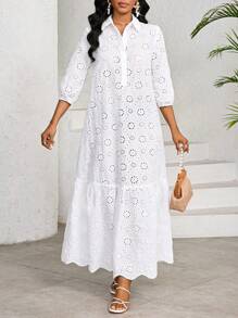 SHEIN Lady Women's Long Solid Color Eyelet Embriodery Dress, Fashionable For Summer White Dresses For Women,Dresses For Women Summer - White - View 3