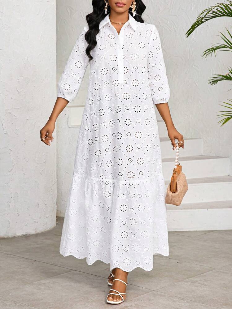 SHEIN Lady Vestido largo de mujer de unicolor con bordado de ojetes, de moda para el verano - Blanco - Añade 3