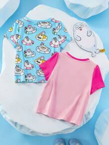 SEALOOK X SHEIN Áo thun tay ngắn in hình chú hải cẩu dễ thương cho bé gái, trang phục thường ngày cho kỳ nghỉ hè, màu hồng và xanh - Nhiều màu - Xem 2