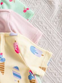 3 件套女婴可爱数码印花冰淇淋和纯色/数码樱桃连体衣短袖拉链连体衣配短裤，适合春夏季的舒适休闲装 - 彩色 - 查看 3