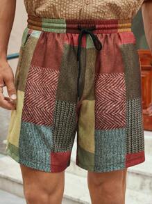 Manfinity VCAY Men's Casual Woven Plaid Pattern Printed Mid-Waist Drawstring Straight Shorts - Multicolor - View 6