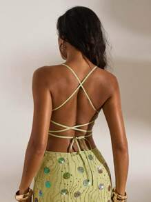 Opulessa 夏季女式无袖上衣，撞色亮片拼接，背面系带设计 - 綠色 - 查看 5