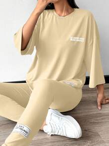 Mulvari 女士夏季休闲字母印花T恤和紧身裤两件套 - 卡其色 - 查看 3