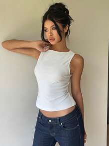 Aloruh 女士通勤日常露背蝴蝶结圆领无袖衬衫 - 白色 - 查看 2