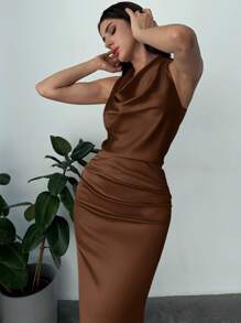 Firerie 2 件套女式缎面围脖领口系带衬衫上衣和褶皱长裙，适合情人节、音乐会、表演、约会、派对、婚礼季节、性感、优雅、工作、返校、度假、海滩、浪漫 - 咖啡棕 - 查看 7