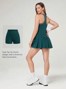GLOWMODE Quick-Dry Tennis Built-In Cups Now Serving Racerback Pleated Peekaboo Dress Medium Impact With Built-In Shorts Side Pockets Low Impact Running Training Workout Gym - Dark Green - View 5