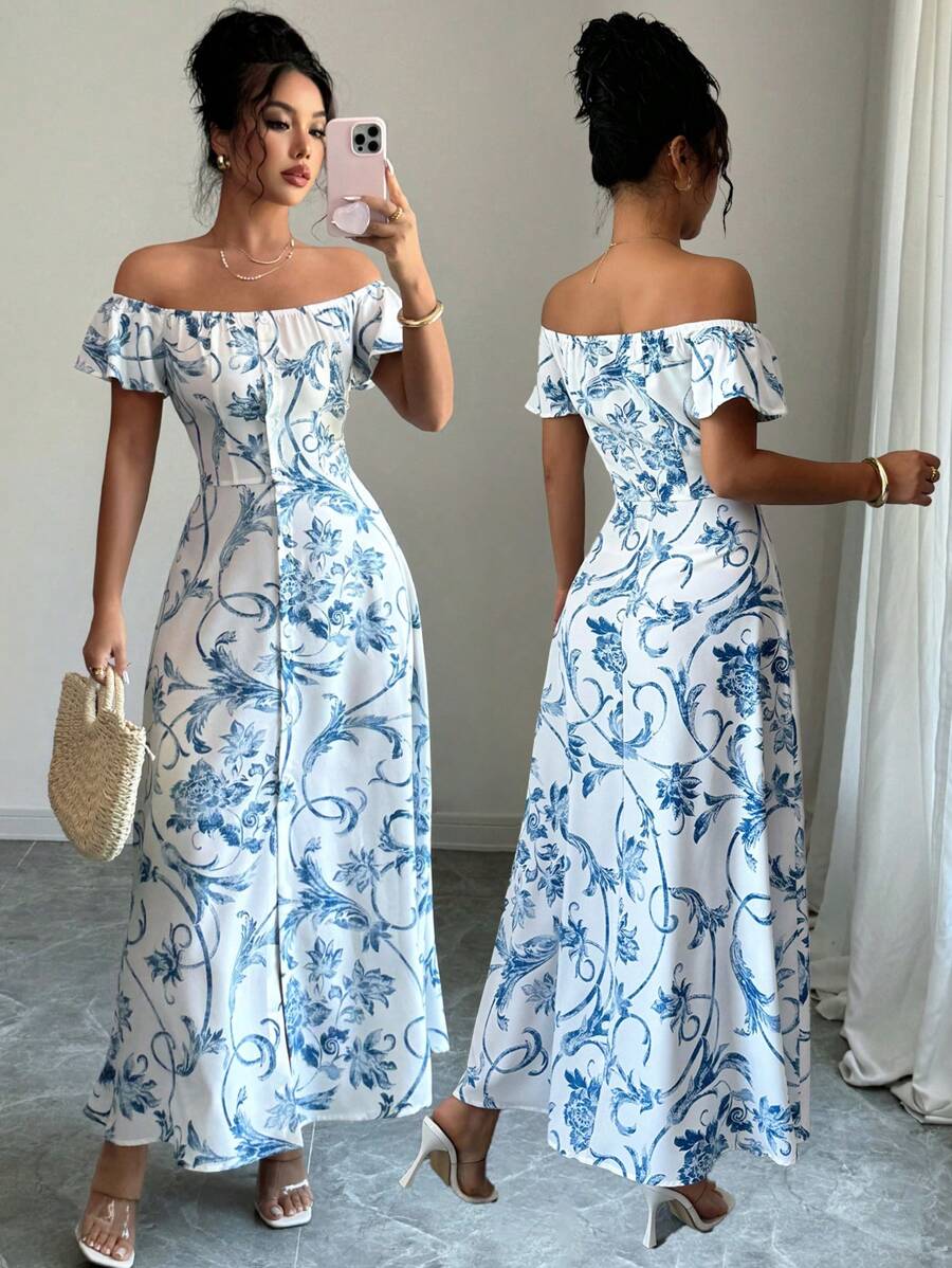 Elenzga Ladies Elegant Print Summer Collar Off The Shoulder Dress - Blue - View 1