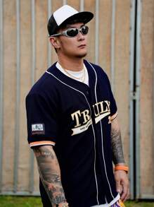 DAZY Summer Decoration Striped Collegiate Style Navy Blue Men's Shirt Business Attire