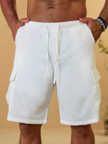 Manfinity RSRT Pantalones cortos casuales de hombre de unicolor con cordón en la cintura y bolsillos con solapa, pantalones cortos casuales de verano para hombre, pantalones cortos cargo casuales para hombre - Beis - Ver 1