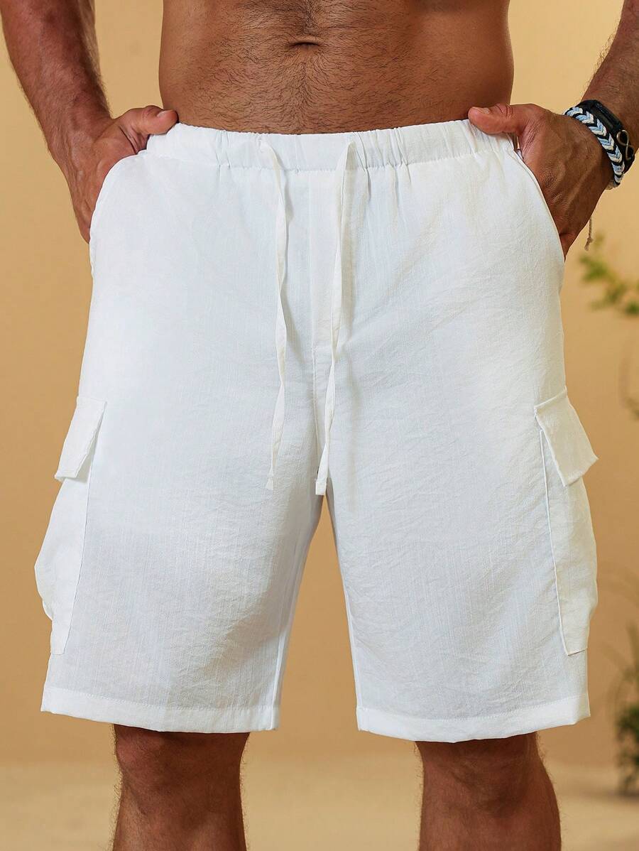 Manfinity RSRT Pantalones cortos casuales de hombre de unicolor con cordón en la cintura y bolsillos con solapa, pantalones cortos casuales de verano para hombre, pantalones cortos cargo casuales para hombre - Beis - Ver 1