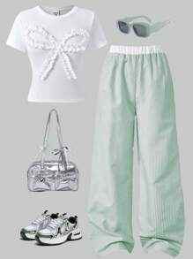 SHEIN Explorewe Spring/Summer Tween Girls 2pcs ME Set: Cute Ruffle Bow Decor Round Neck Short T-Shirt + Contrast Stripe Wide Leg Pants, Casual Design For Daily, Hangout, Holiday For Girl Outfit For Girl