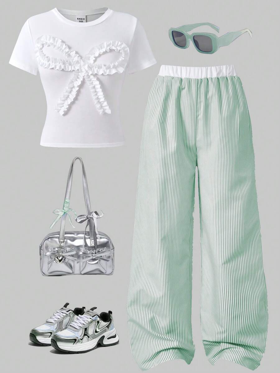 SHEIN Explorewe Spring/Summer Tween Girls 2pcs ME Set: Cute Ruffle Bow Decor Round Neck Short T-Shirt + Contrast Stripe Wide Leg Pants, Casual Design For Daily, Hangout, Holiday For Girl Outfit For Girl