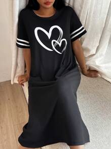 SHEIN 简约休闲女士心形印花睡袍，Moo Moo - 黑色 - 查看 5