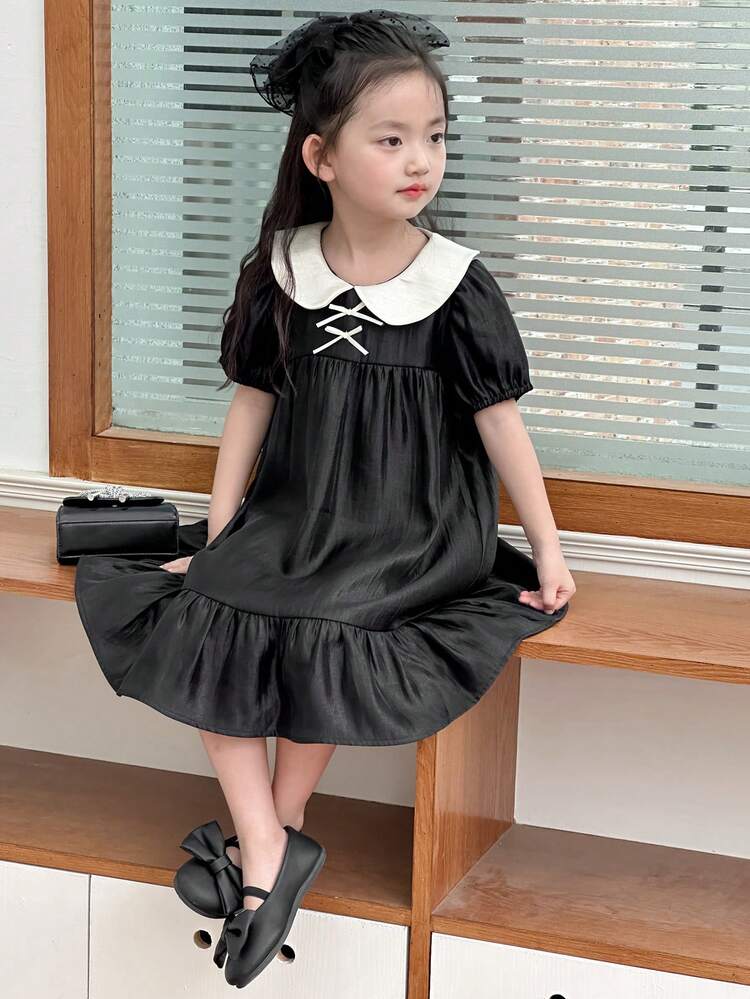 Young Girls Dolly Face Print Woven Short Sleeve Dress, Summer