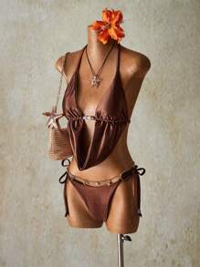 SHEIN ICON Women Boho Beaded Neckline Swimwear Set + Bikini Bottom, Suitable For Vacation And Music Festivals 4th Of July Women Outfits Back To School - Brown - View 9