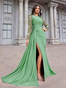 Aureia Đầm suông đuôi cá xẻ tà cao, cổ tròn, thêu hạt cườm sang trọng, thanh lịch, sang trọng, dài tay, bó sát, phù hợp cho tiệc độc thân, hẹn hò, đám cưới, sinh nhật, dạ tiệc, trang trọng, váy cưới, cho khách dự tiệc cưới - Màu xanh Bạc hà - Xem 4