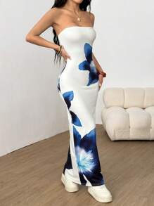 SHEIN EZwear Vestido camisero largo de verano informal con estampado floral azul para mujeres - Azul - Ver 6