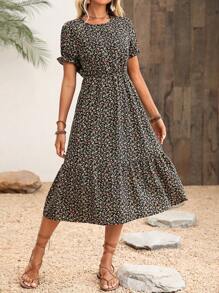 SHEIN LUNE Women's Fashionable Waist-Fitted Printed Short Sleeve Long Dress Maxi Women Outfit - Black - View 1