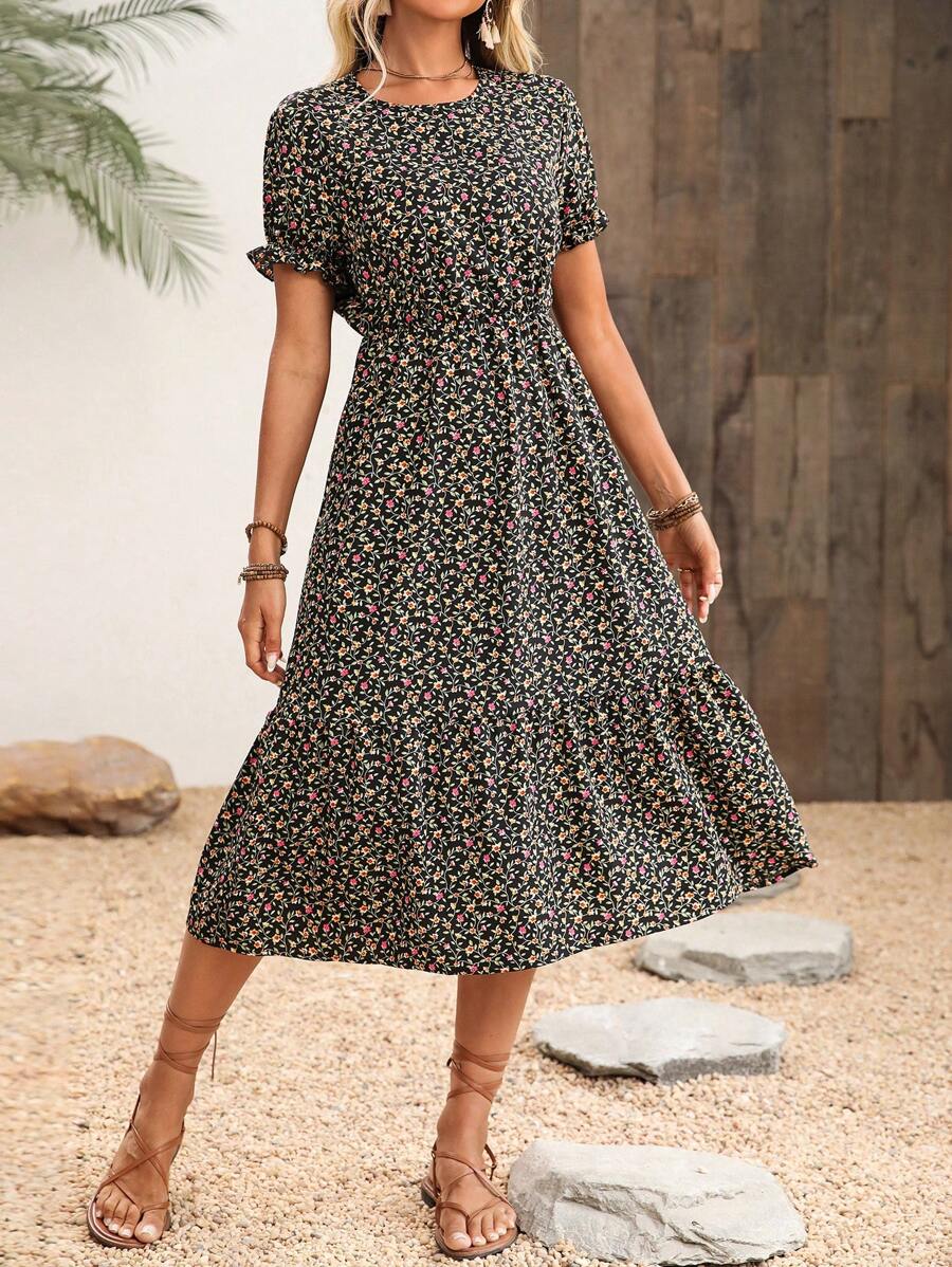 SHEIN LUNE Women's Fashionable Waist-Fitted Printed Short Sleeve Long Dress Maxi Women Outfit - Black - View 1