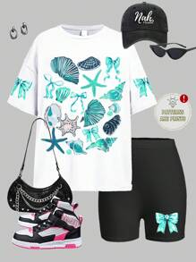 SHEIN Leap Crew Bộ 2 áo thun tay ngắn rộng rãi và quần legging cho bé gái tuổi teen, phù hợp cho mùa hè - Nhiều màu - Xem 3