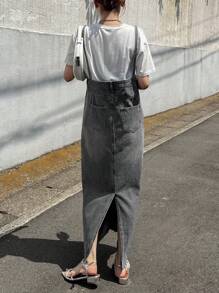 FRIFUL 女士纯色休闲夏季无袖牛仔连体裤连衣裙 - 黑色 - 查看 4