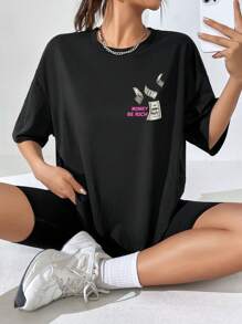 SHEIN EZwear Casual Minimalist Letter Print Round Neck Short Sleeve Oversized Women's T-Shirt, Suitable For Spring And Summer - Black - View 7