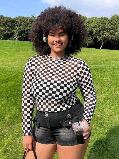 Muchica Plus Checker Print Lettuce Trim Crop Top Without Cami Top, Summer