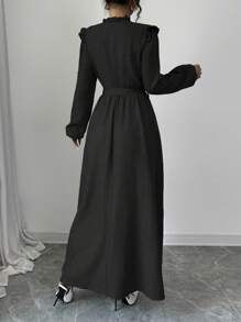Elenzga 女式纯色荷叶边前扣长袖休闲长款束腰连衣裙女装 - 黑色 - 查看 2