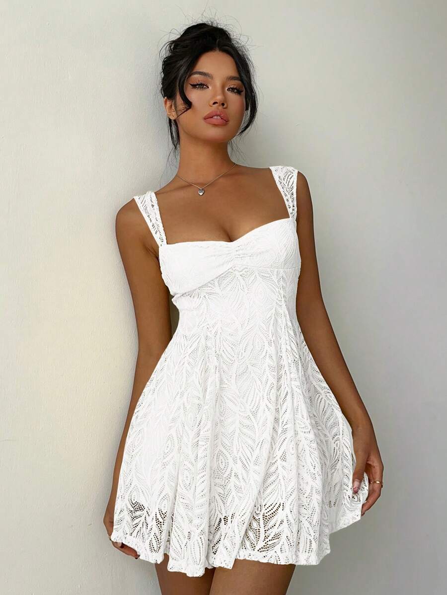 Aloruh 优雅纯色蕾丝荷叶边下摆迷你连衣裙，夏季 - 白色 - 查看 1