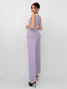 Aloruh 2 件套女士通勤新款仿口袋装饰船领西装背心和西装裤办公室装秋冬女士 - 淡紫色 - 查看 2