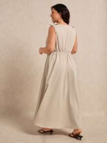 Elaquor 大码V领时尚休闲日常度假通勤太阳裙，2025年新品 - 杏色 - 查看 6