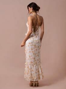 Enchnt 春夏浪漫女士橙色花卉印花系带前褶边下摆吊带中长连衣裙，甜美优雅，适合度假、约会、节日、派对、毕业典礼、婚礼嘉宾、海滩和宴会、舞会礼服、女士夏季连衣裙、夏季服装