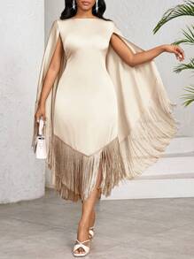 SHEIN Lady Váy dài vừa phải tua rua dệt màu trơn cho ngày lễ của phụ nữ bằng vải satin Váy sinh nhật & sự kiện / Váy công sở / Váy nhà thờ / Váy cưới / Váy ngày lễ, Váy cho phụ nữ mùa hè, Váy tua rua - Màu be - Xem 3