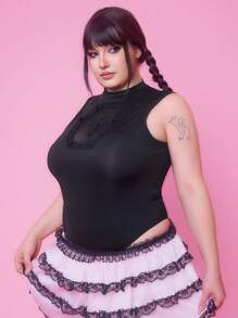 ROMWE Goth J-Fashion 女式加大码镂空刺绣交叉领无袖紧身衣 - 黑色 - 查看 4