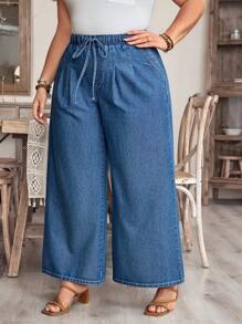 EMERY ROSE Plus Size Women Tie Waist Pockets Wide Leg Loose Casual Denim Jeans - Medium Wash - View 1