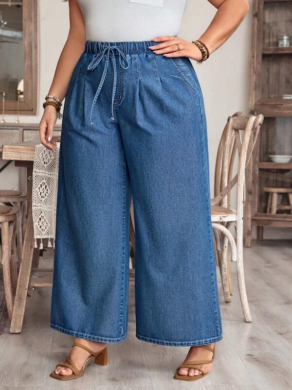 EMERY ROSE Plus Size Women Tie Waist Pockets Wide Leg Loose Casual Denim Jeans