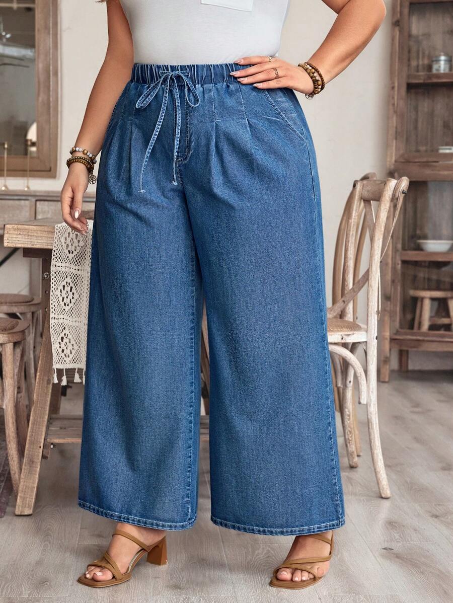 EMERY ROSE Plus Size Women Tie Waist Pockets Wide Leg Loose Casual Denim Jeans - Medium Wash - View 1