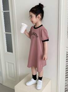 Dazy Kids 年轻女孩夏季字母印花圆领短款泡泡袖休闲连衣裙 - 淺粉色 - 查看 4