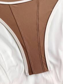 Swim SXY 女式 V 领镂空肩带拼色比基尼泳装，性感欧式泳衣 - 咖啡棕 - 查看 6