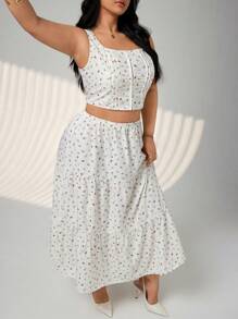 SHEIN ICON Plus Size Square Neck Button Front Ditsy Floral Vest Top And Flared Hem Floral Skirt 2 Pieces Set, Summer - Multicolor - View 3