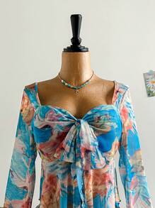 Dreamara 大码女式度假毕业返校秋季度假扎染花卉印花系带长袖牛仔嬉皮上衣夏季波西米亚风上衣 - 彩色 - 查看 5