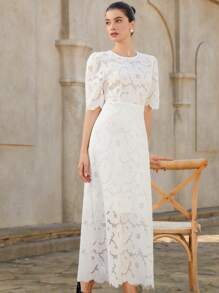 Aveloria Rosie 适合婚礼派对宾客的优雅夏装，精致的向日葵刺绣，收腰短袖连衣裙 - 白色 - 查看 4