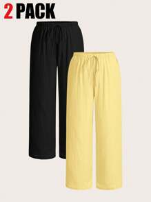 SHEIN EZwear 2pcs/Set Plus Size Women Pants, Yellow & Black Multi-Color
