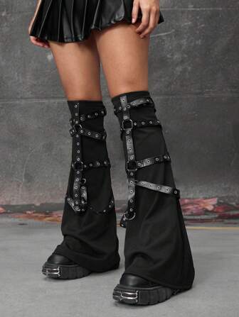 Grunge Punk 1 Pair Punk Style Metal Grommet Decorated Bell-Bottom Knit Leg Warmers
